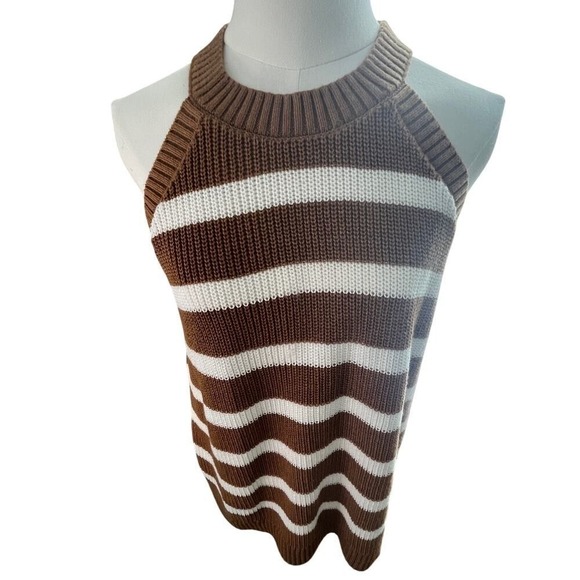 Brown White Stripe Knit Halter Tank Sweater Top 2X Preppy Y2K Chunky Retro - Picture 1 of 10